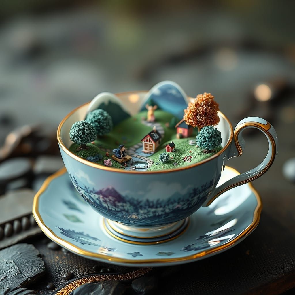 Fairy Village Inside Iridescent Teacup, Matte Painting