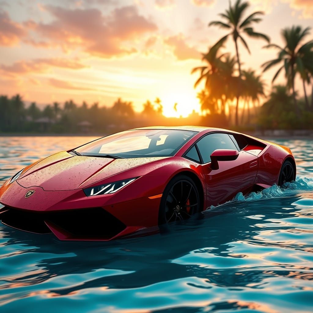 Sleek Cherry-Red Lamborghini Emerges from Tropical Dawn