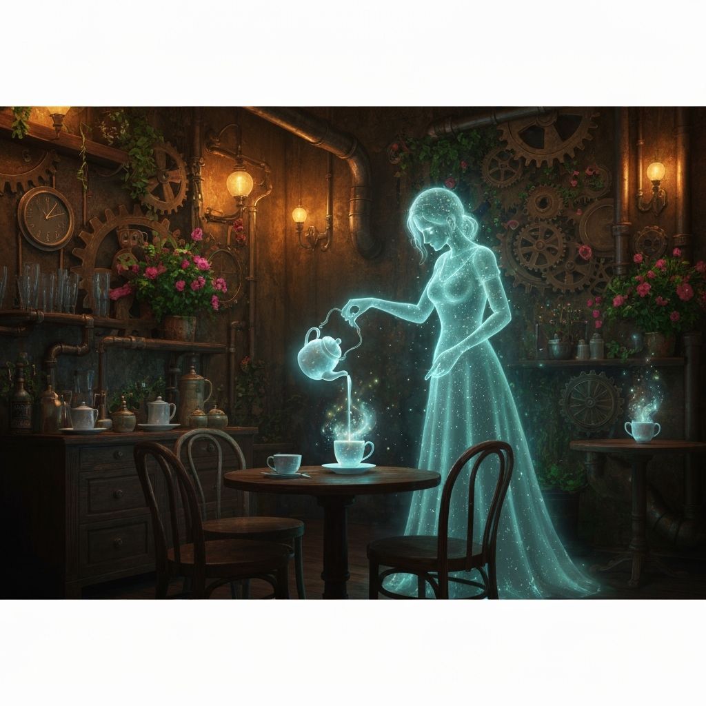 Steampunk Enchanted Cafe with Ghostly Barista