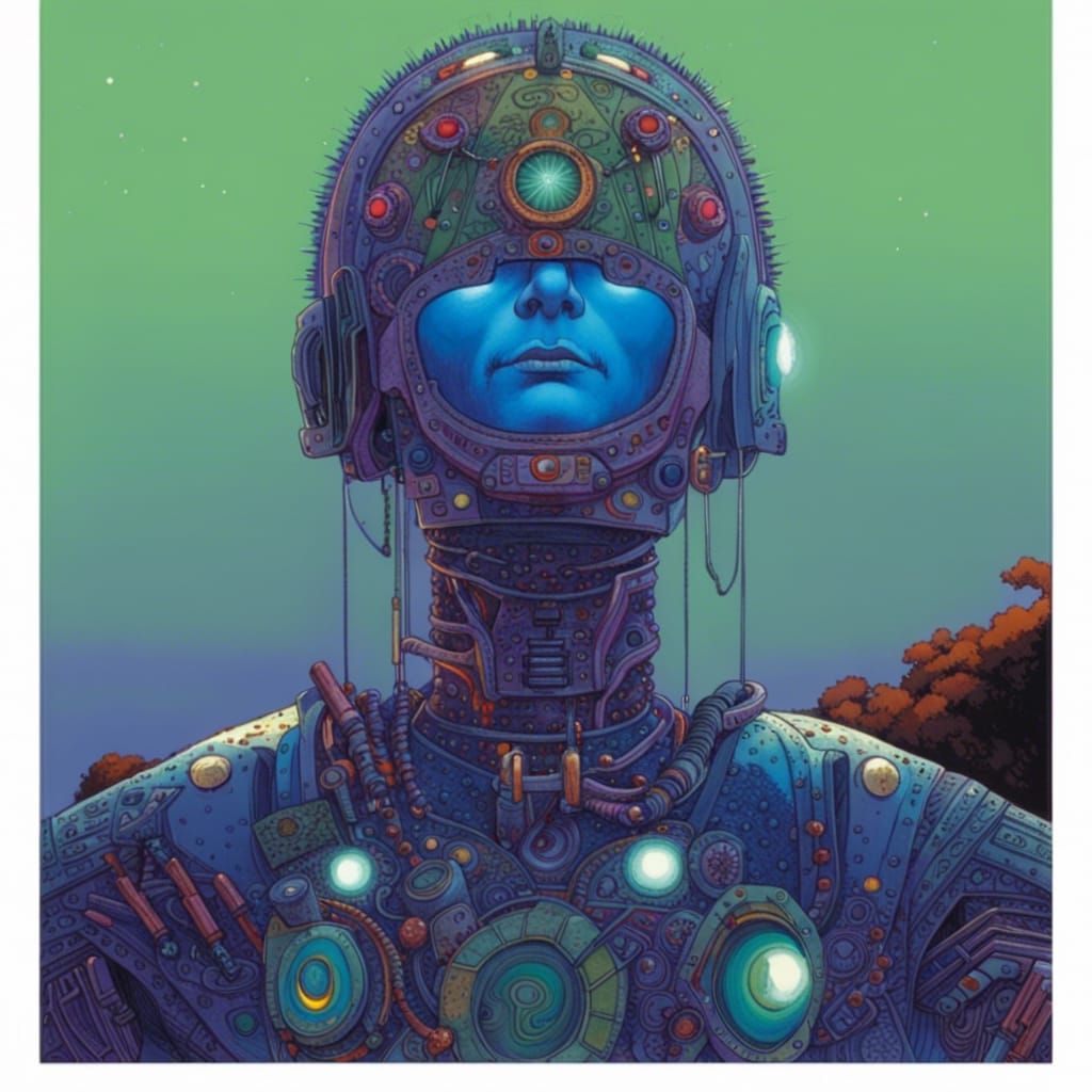 Punk-Rock Robot Shaman Portrait in Moebius Style