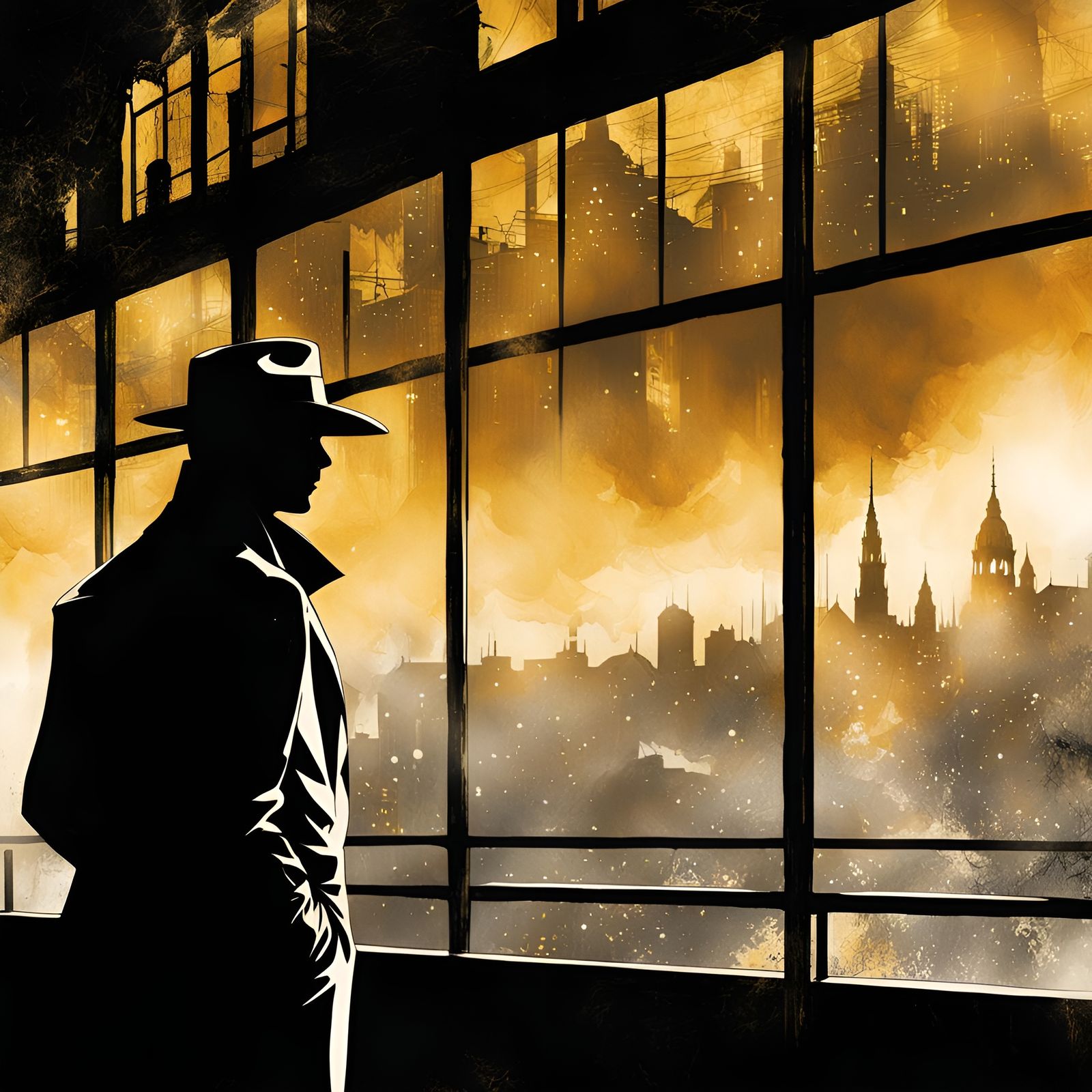 Noir Silhouette Double Exposure in Comic Style