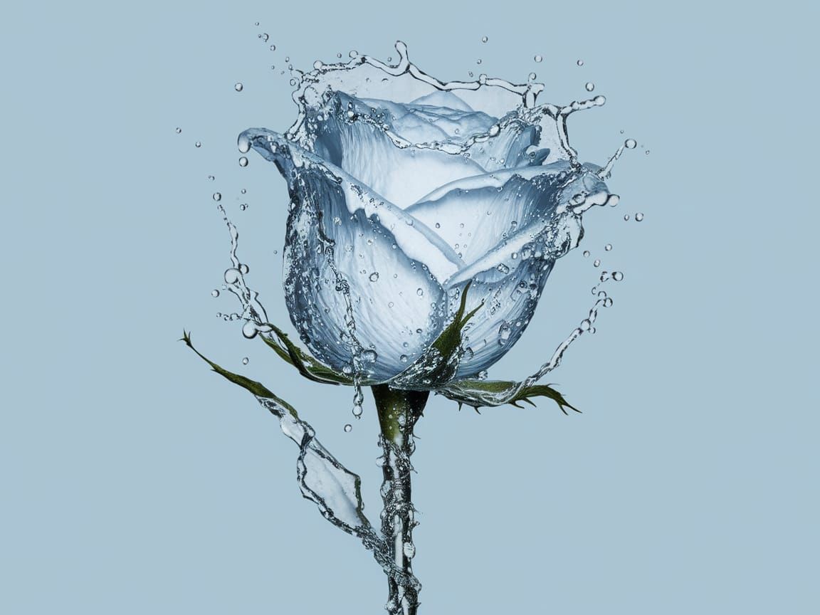 Delicate Rose Blooms from Water Droplets in Serene Blue Hues