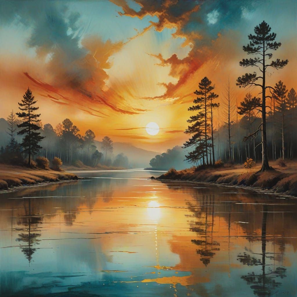 Golden Sunset River Landscape in Watercolour Earth Tones