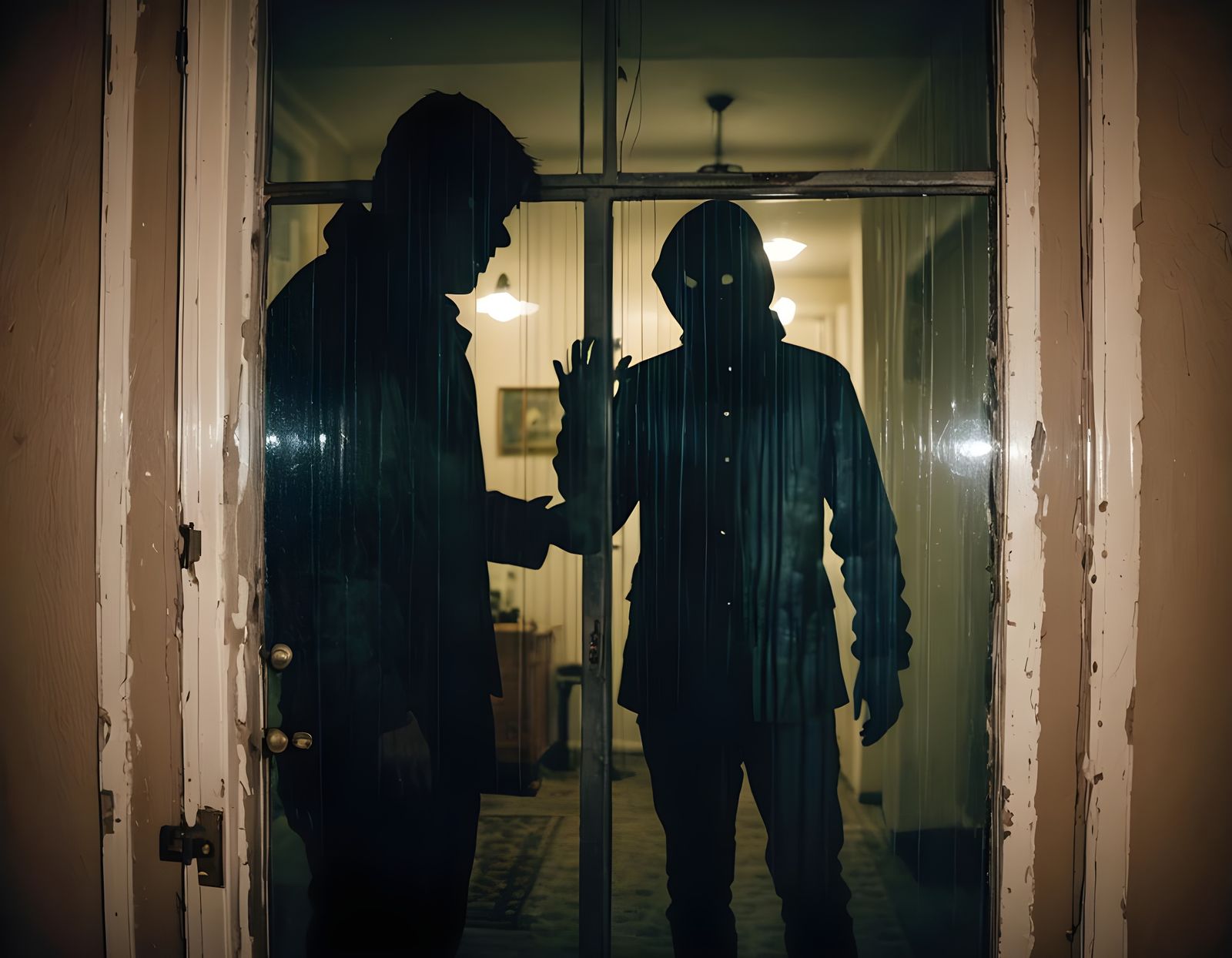 Mysterious Figure Silhouetted on a Door at Night