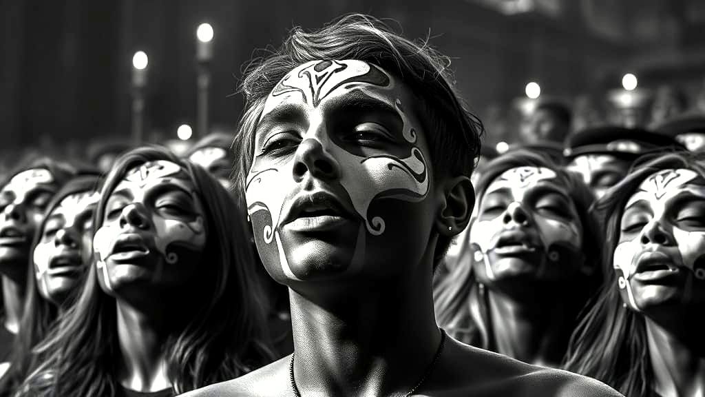 Spooky Grayscale Choir Portrait in Art Nouveau Style