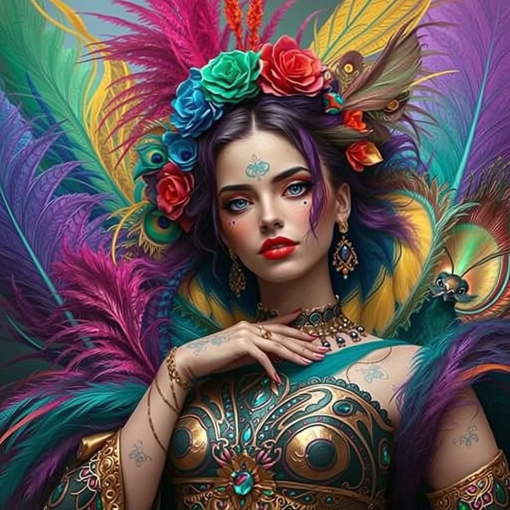 Exotic Woman with Peacock Feathers, Fantasy Concept Art