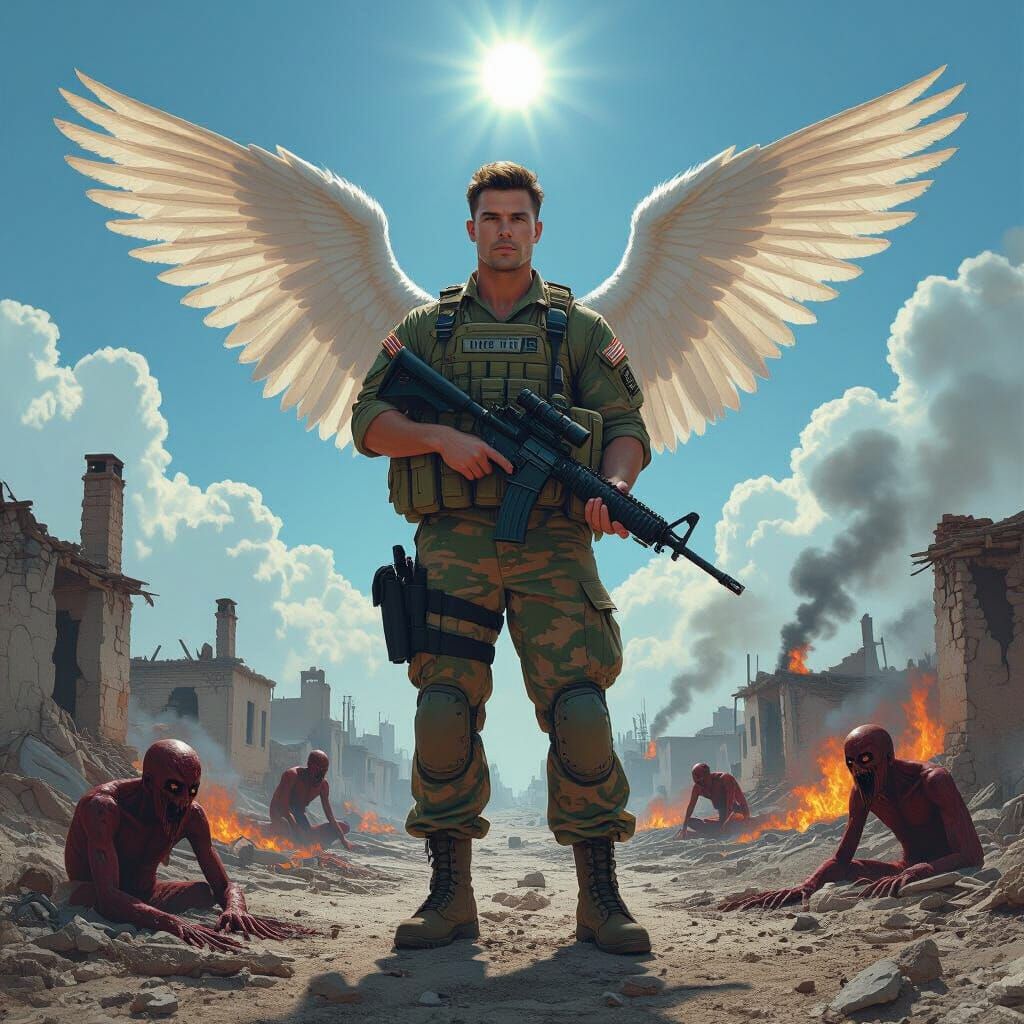 Angelic Soldier Amidst Desert Apocalypse