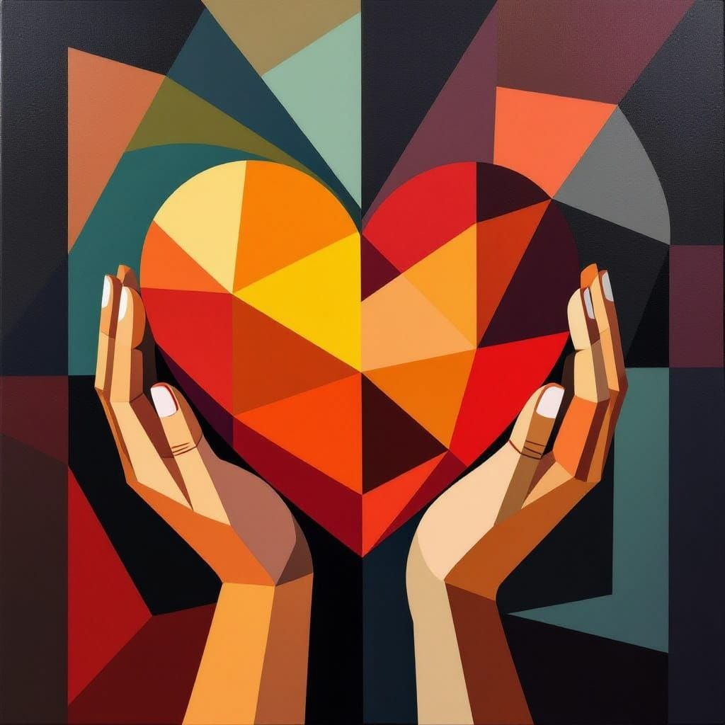 Cubist Heart Protected by Hands in Geometric Art Deco Style