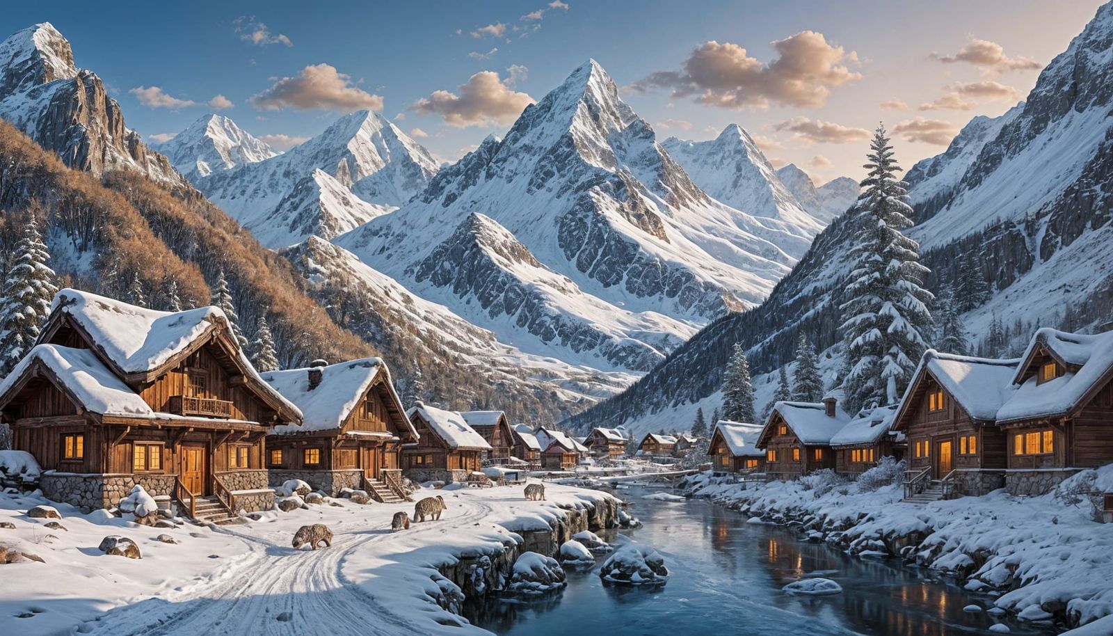 Snow-Covered Mountain Range with Hidden Red-Roof Village and...