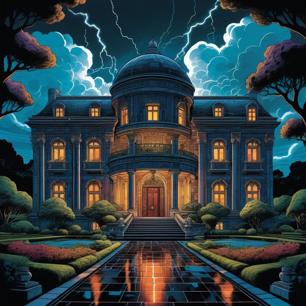 Epic Mansion in Comic Book Noir Style