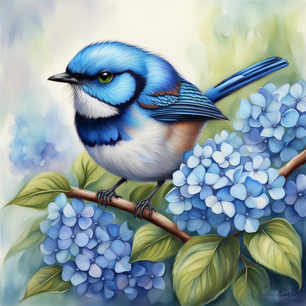Sparkling Fairy Wren with Blue Hydrangea