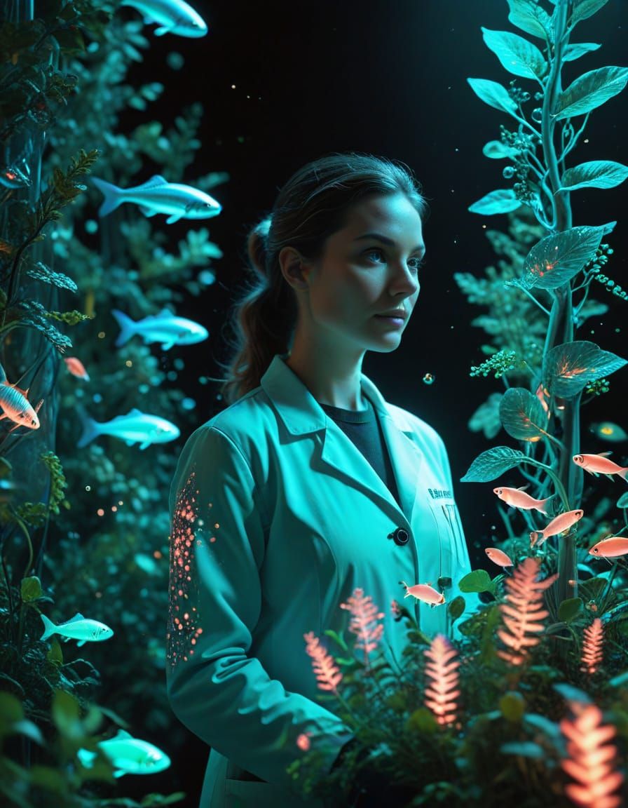 Scientist in a Bioluminescent Lab, Vibrant Surrealist Art