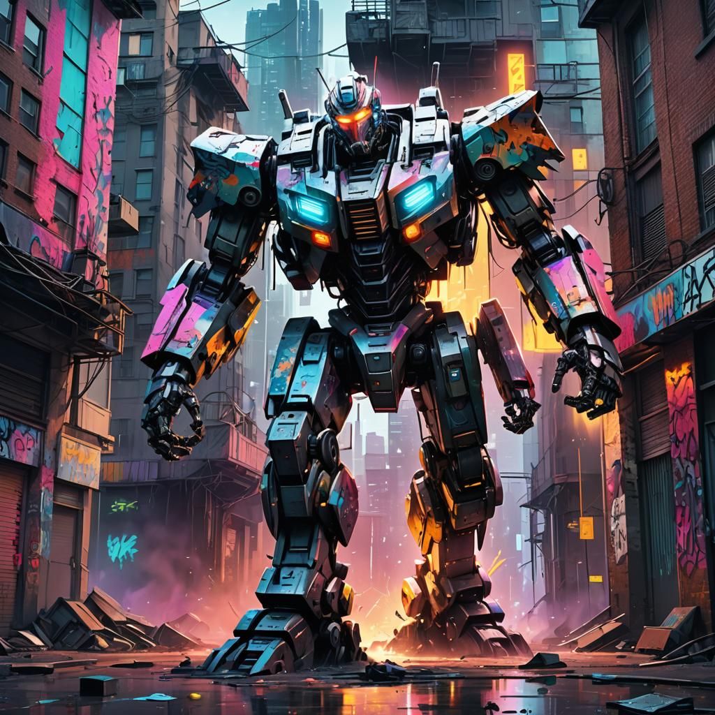 Robot Breaks Through City Building in Graffiti Art