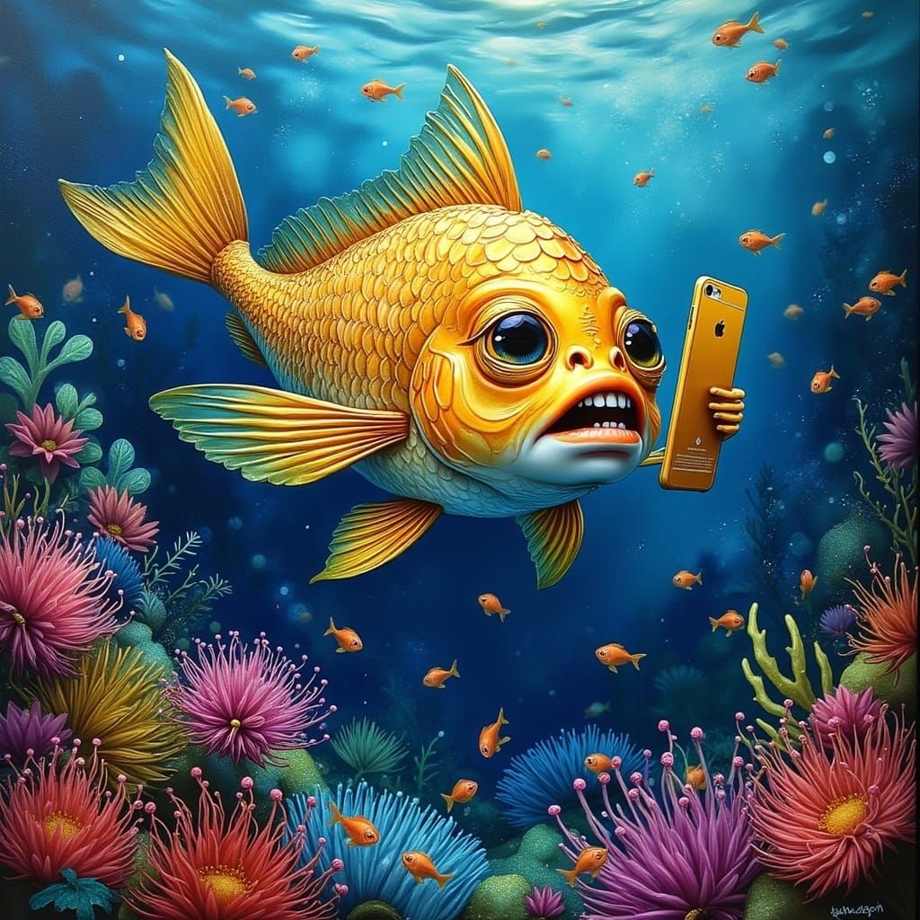 Golden Fish in Whimsical Underwater Scene, Oil Painting Styl...