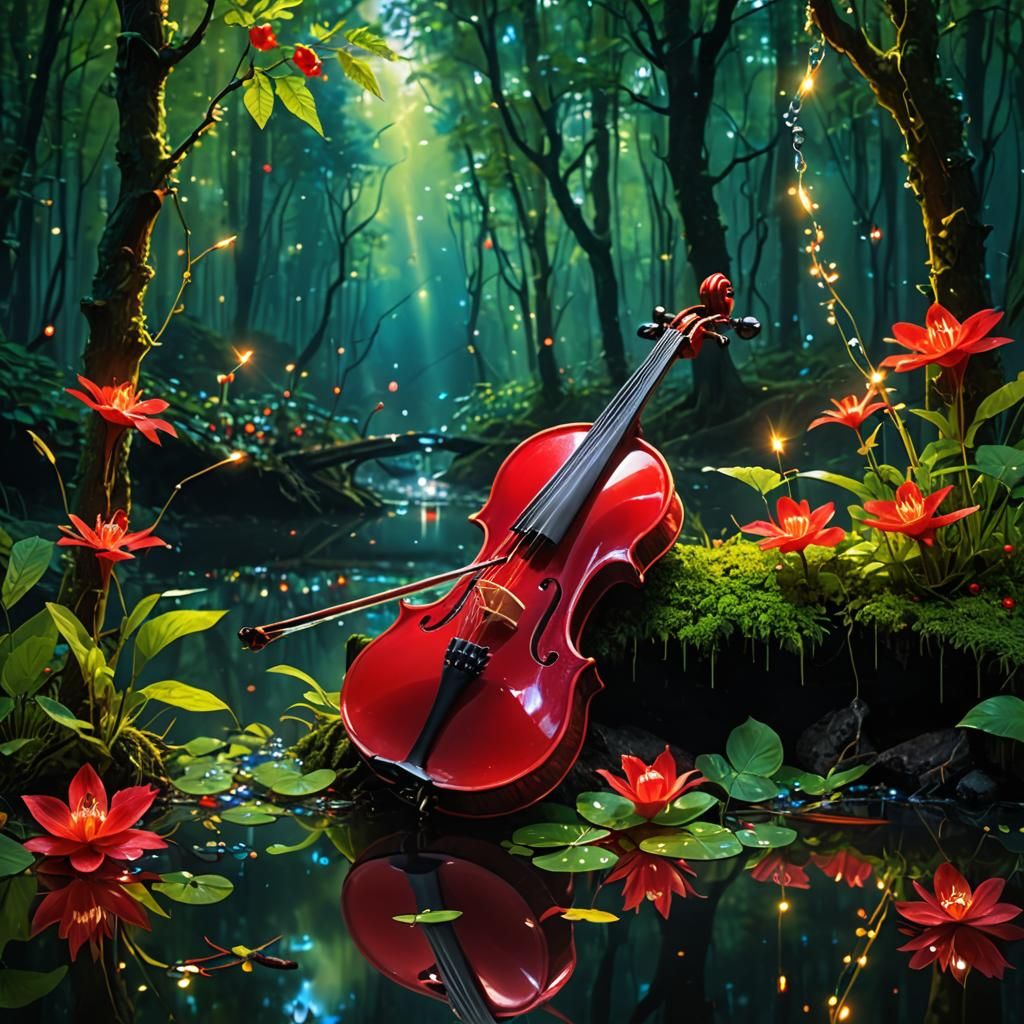 Surreal Red Violin and Saxophone in Woods
