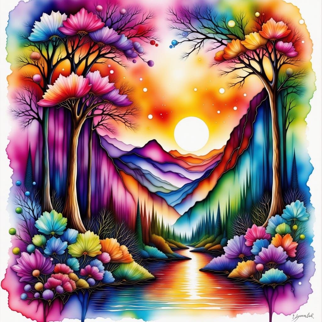 Luminous Alcohol Ink and Watercolor Landscape