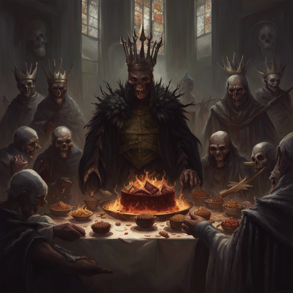 Sinister Feast of Crowns in Dark Fantasy Style