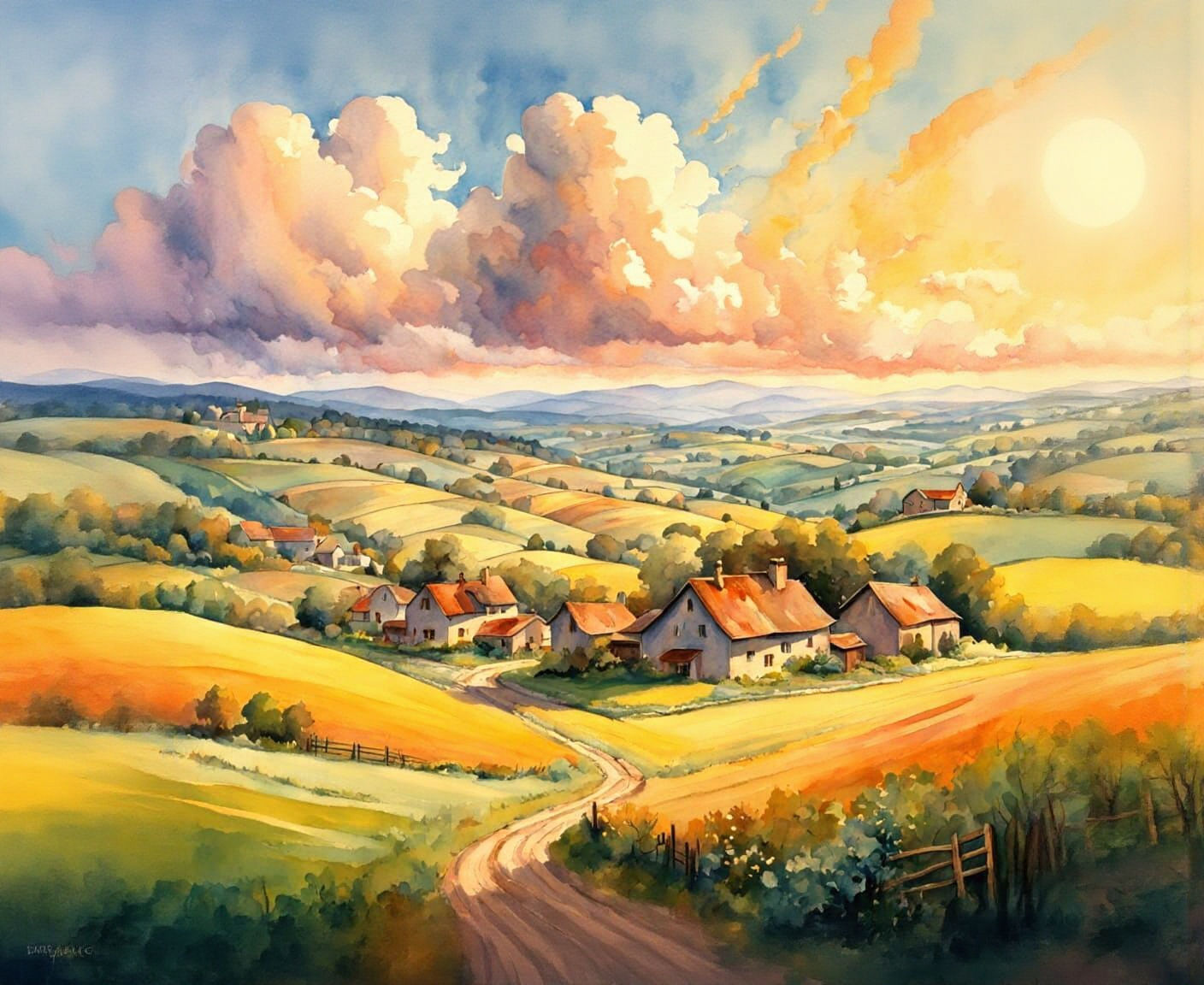 Lush Green Fields in Vivid Watercolor Landscape