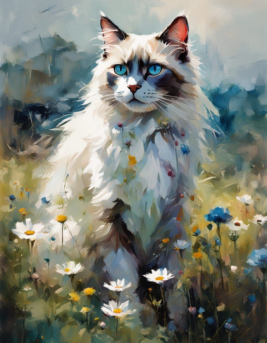 Beautiful Ragdoll Cat in Sunlit Meadow Oil Painting