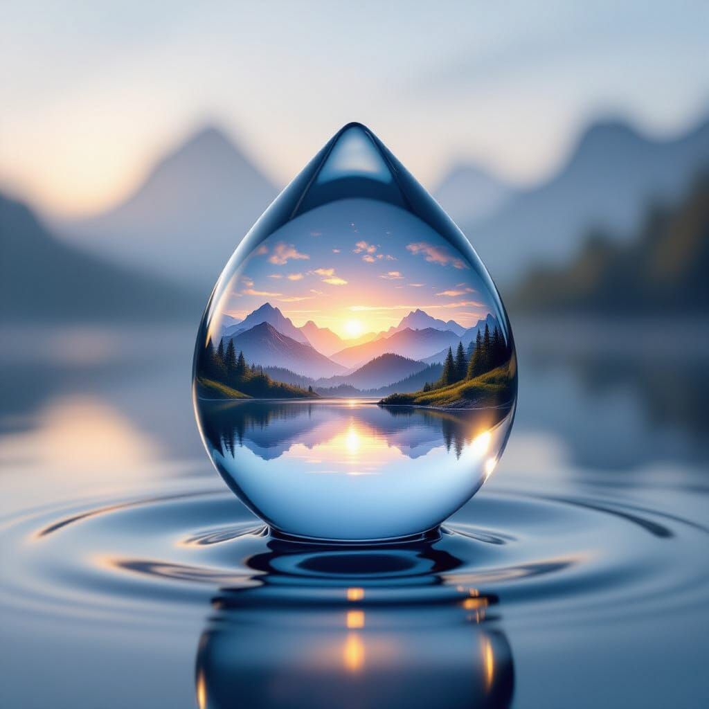 Dreamy Landscape Reflected in Water Droplet