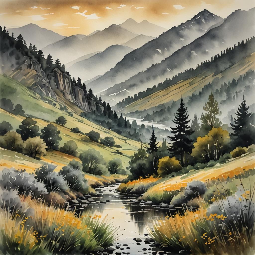 Impressionist Mountain Landscape in Watercolor Style