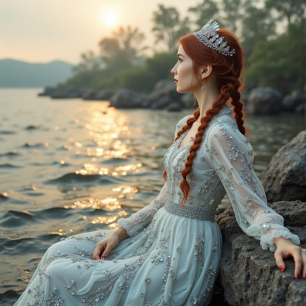 Tsarina Eudoxia Lopukhina in Elegant White Gown with Silver...