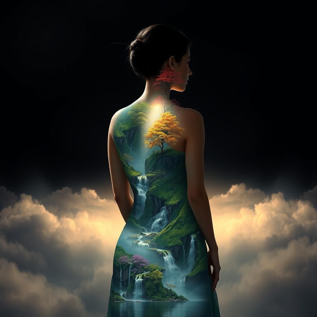 Woman with Landscape Back Painting, Digital Art