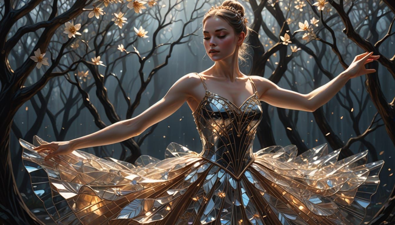Ballerina in Flowing Glass Dress Dancing Amidst Floral Branc...