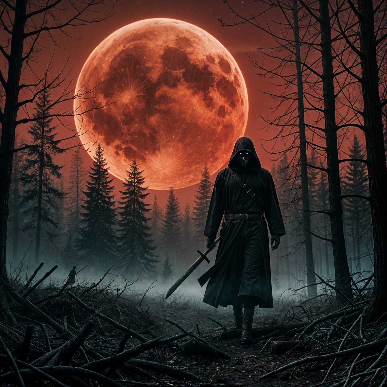 Grim Reaper Under Dark Red Moonlight in Cinematic Style