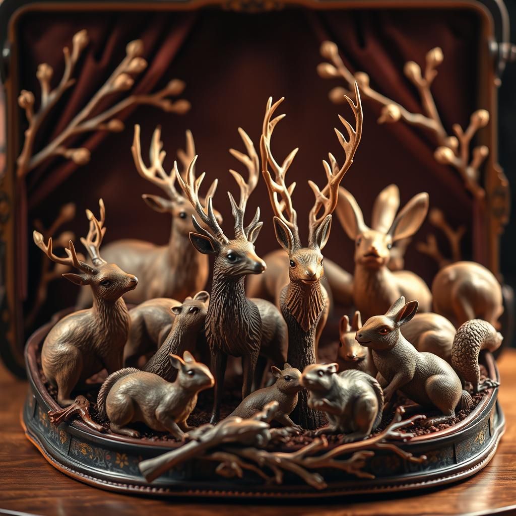 Intricate Wood Carvings of Forest Animals in Ornate Box
