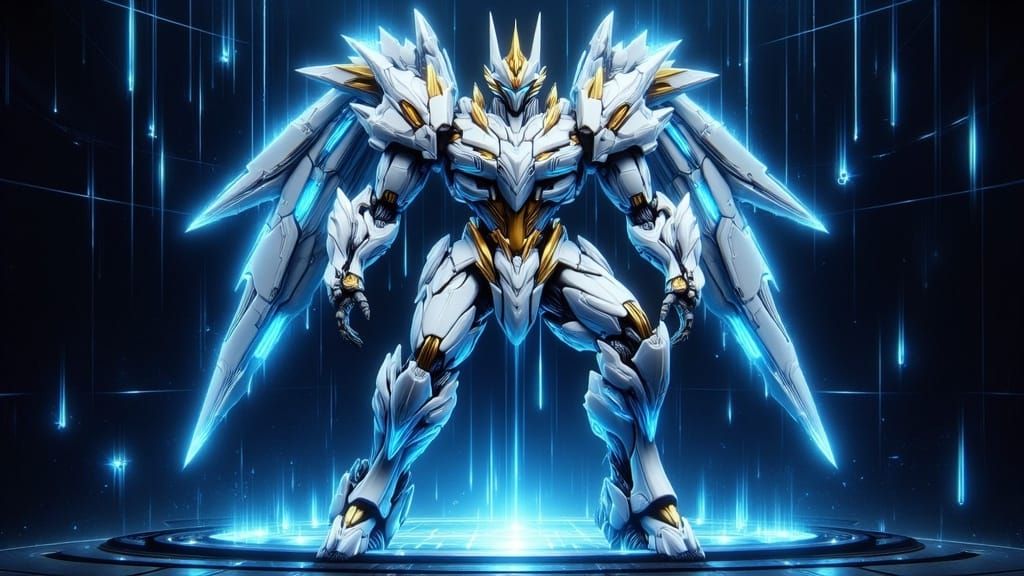 Futuristic Humanoid Mecha Concept in Metallic Blue and Gold