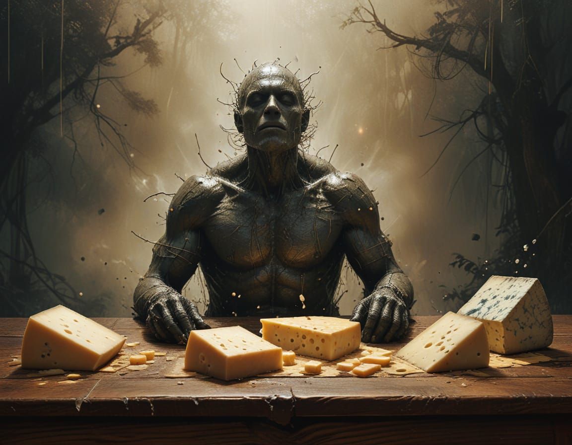 Grotesque Farting Gourmet in Whimsical, Earthy Setting