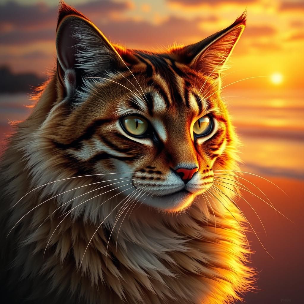 Majestic Cat Portrait at Sunset in Art Nouveau Style