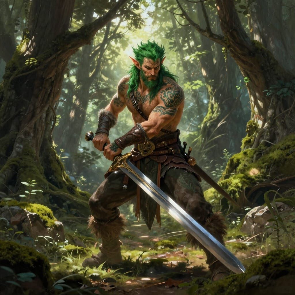 Male Wood Elf Barbarian With Green Hair and Tattoos