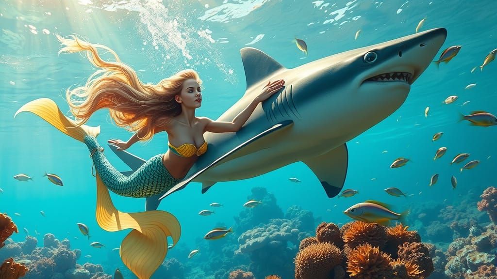Underwater Realism: Mermaid and Shark in Vibrant Ocean Scene