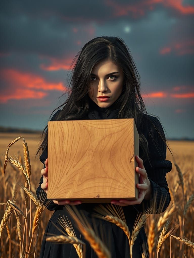 Russian woman named Julia Volkova from t.a.T.u holding a cube block of wood in deserted fields