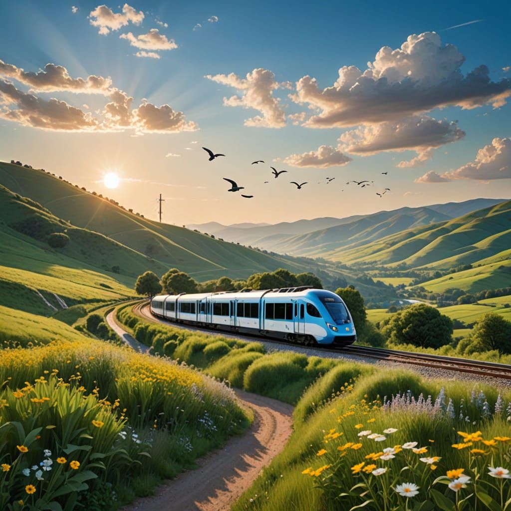 Solar-Powered Train Cruises Through a Serene Green Valley
