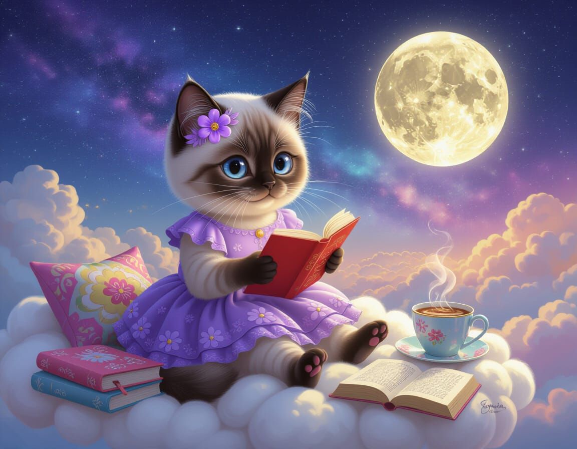 Siamese Cat Reading on Cloud in Galaxy