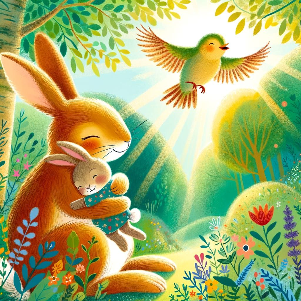 Mother Rabbit Hugs Baby Amidst Joyful Birds in Sunlit Forest