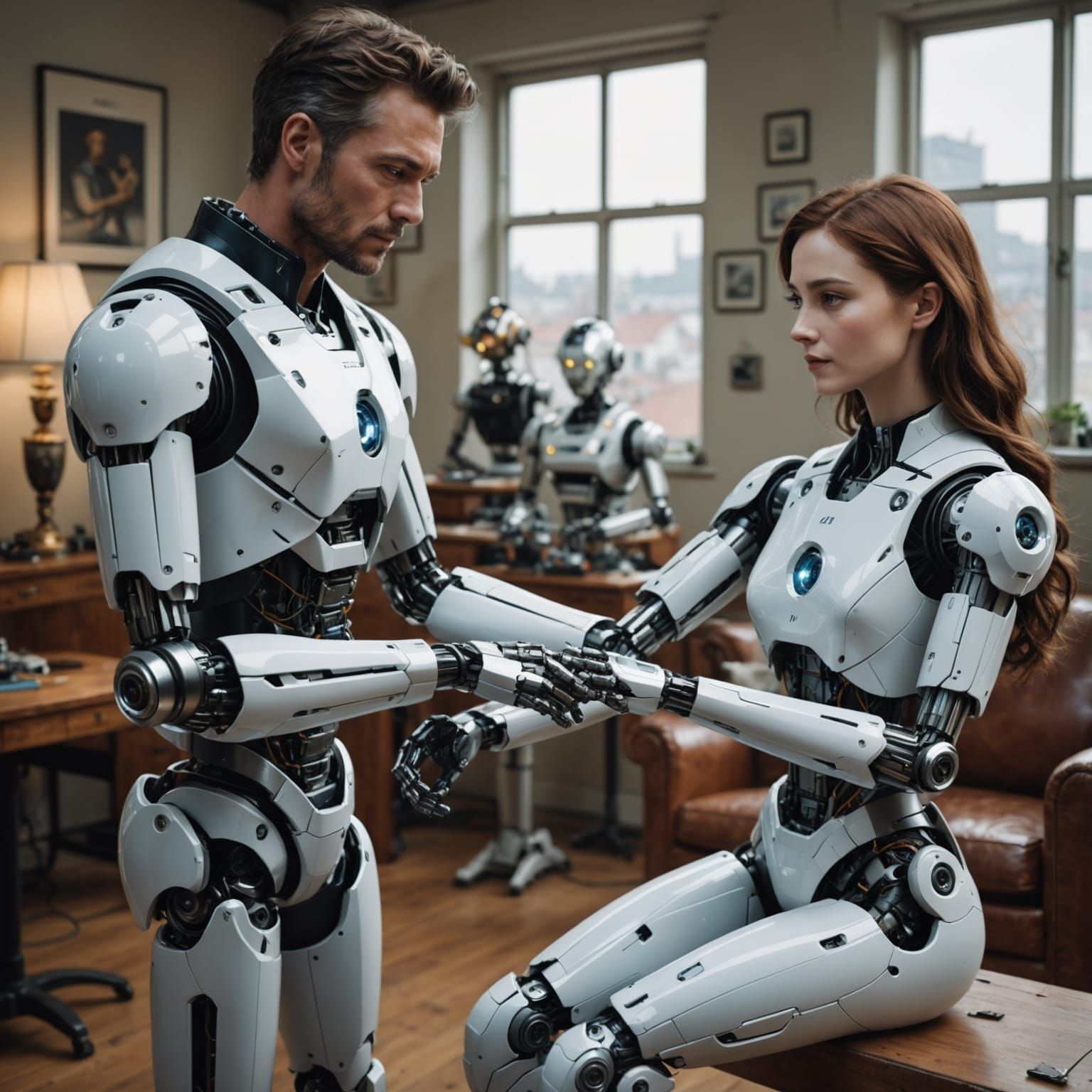 Man Repairs Robot Arm in Hyperrealistic Detail