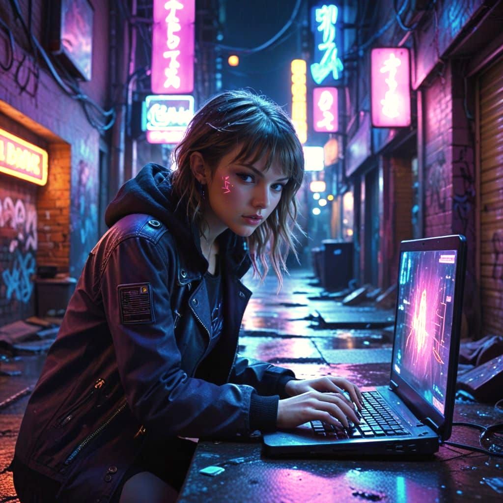 Gritty Cyberpunk Hacker in Neon Alleyway