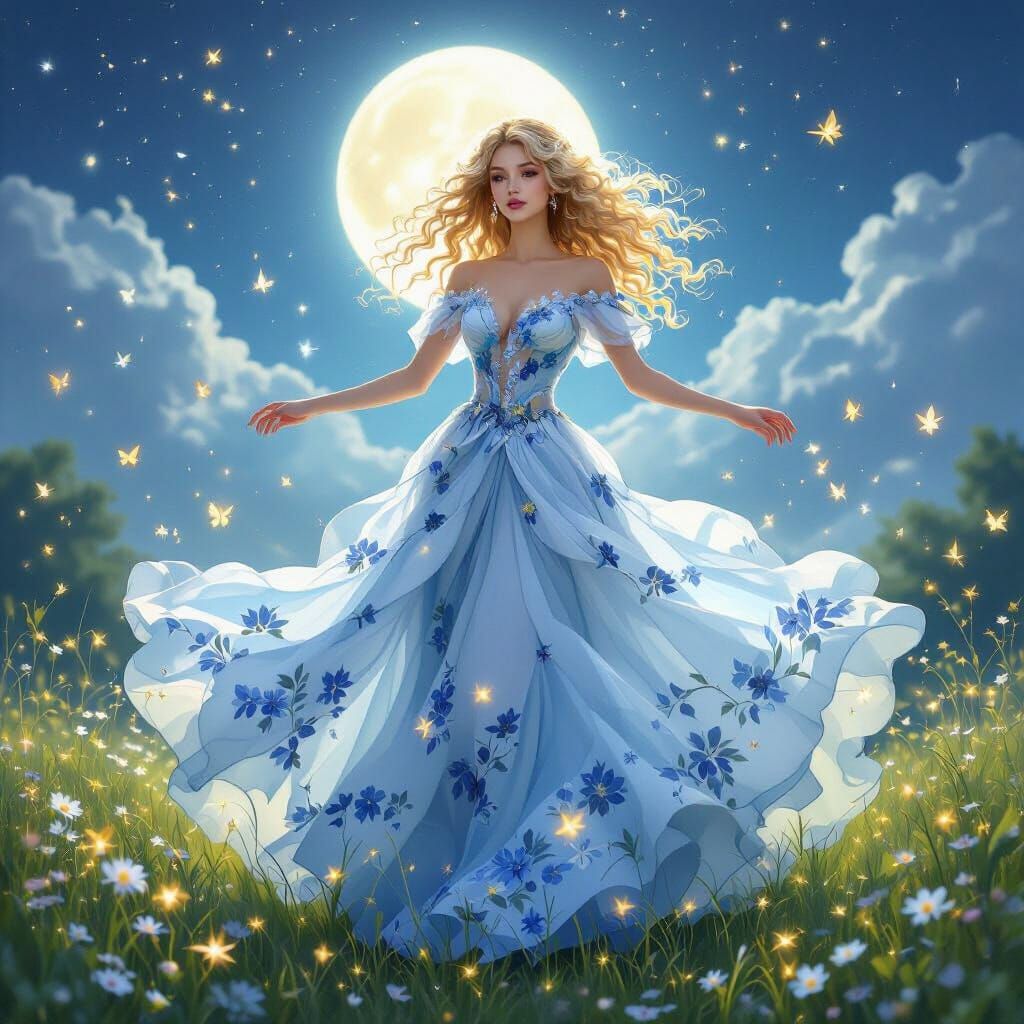 Woman in Blue Gown Dancing in Moonlit Garden