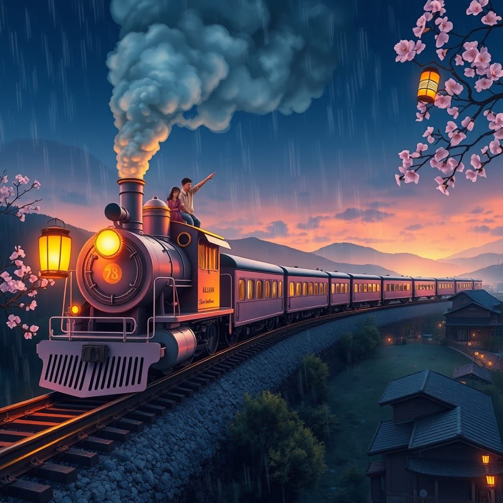 Vintage Train in Twilight Valley with Glowing Lanterns