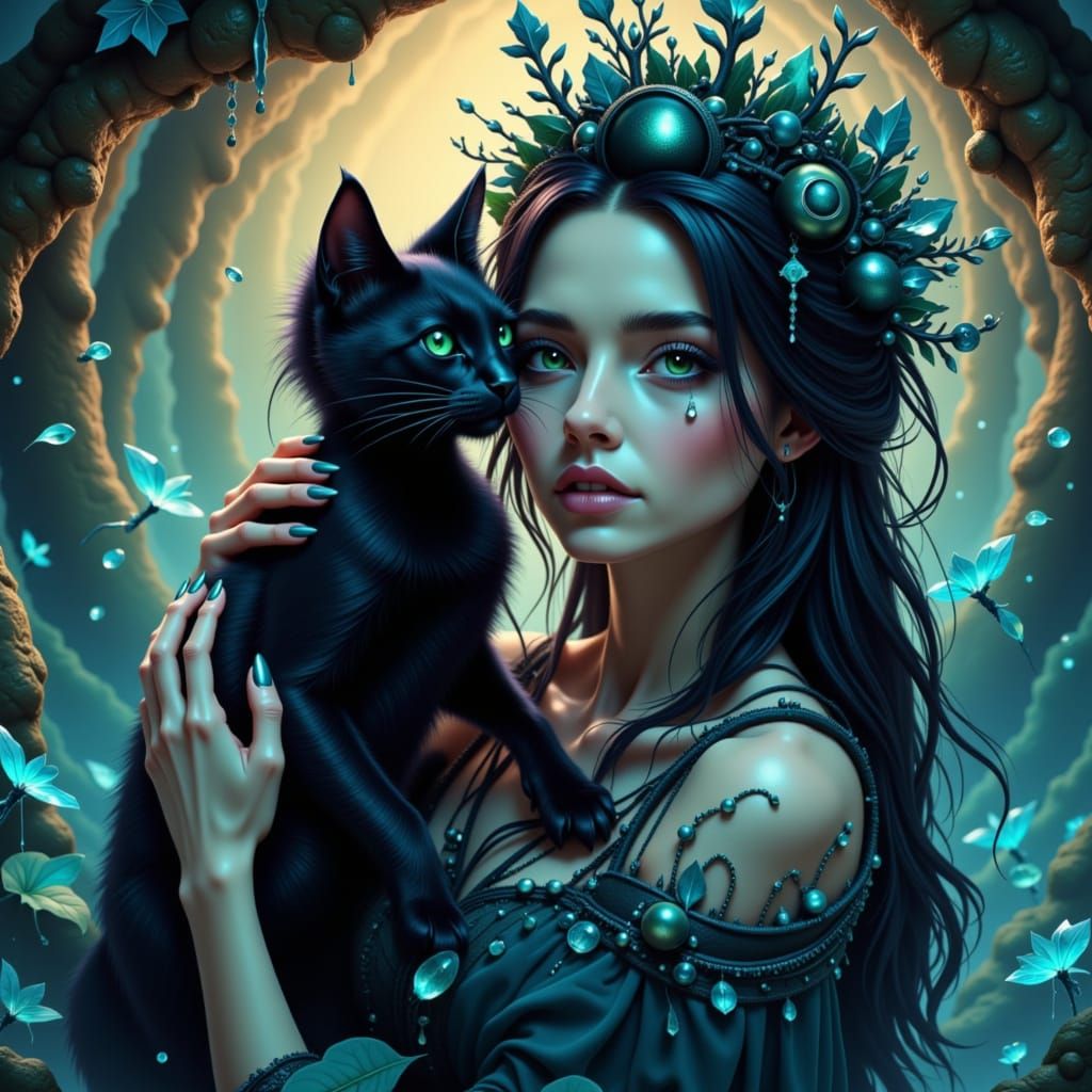 Ethereal Woman with Black Cat in Watercolor Style