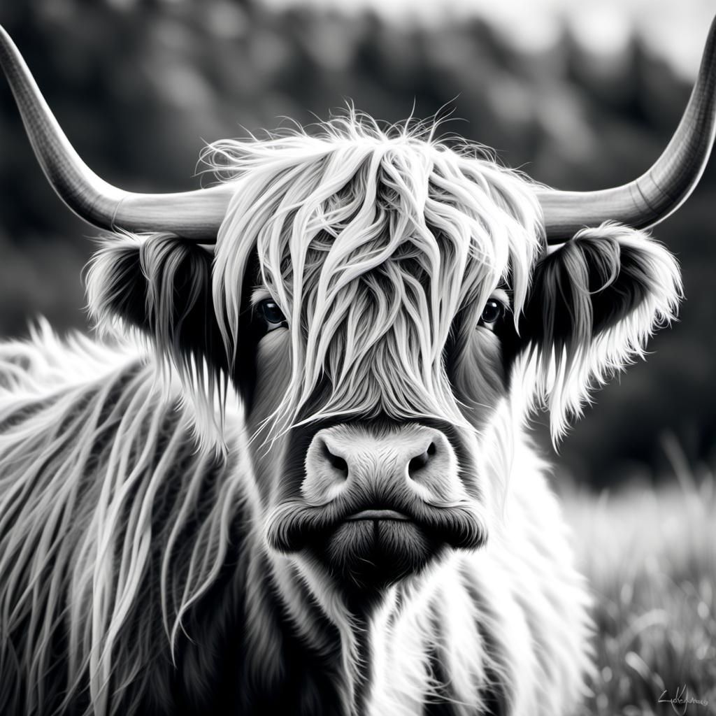 Monochrome Scottish Highland Cow Portrait in Photorealism
