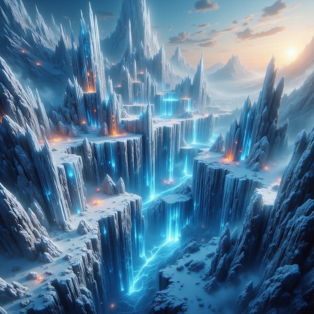 <lora:-Omnious-:1.0> A wide angle birds-eye view of a lighted ice palace nestled at the top of snowy mountains.