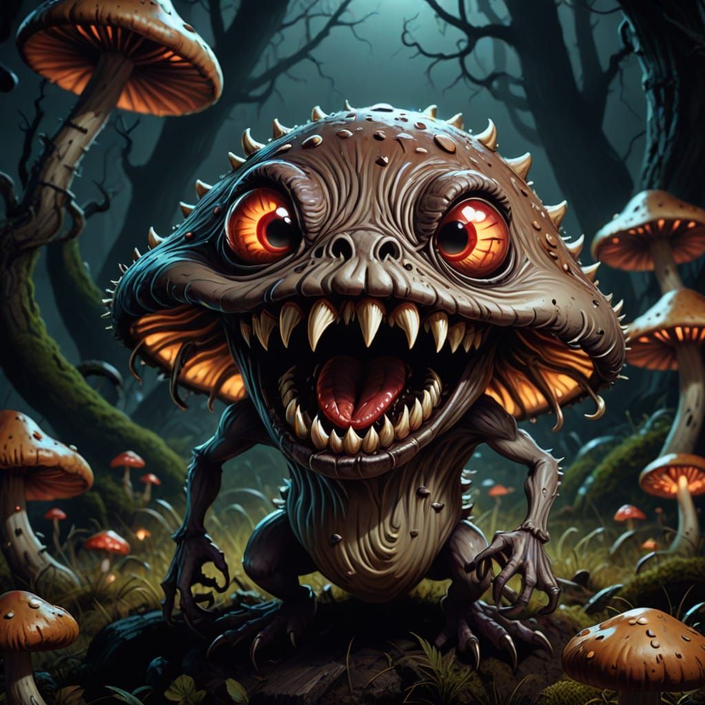 Creepy Cartoon Mushroom Monster in Dark Fantasy Style