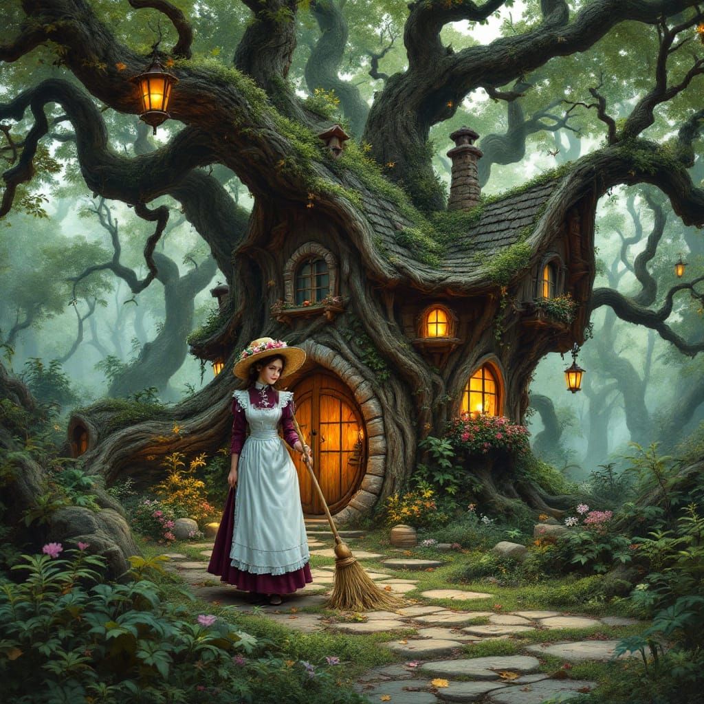 Enchanted Forest Maid Sweeping Leaves