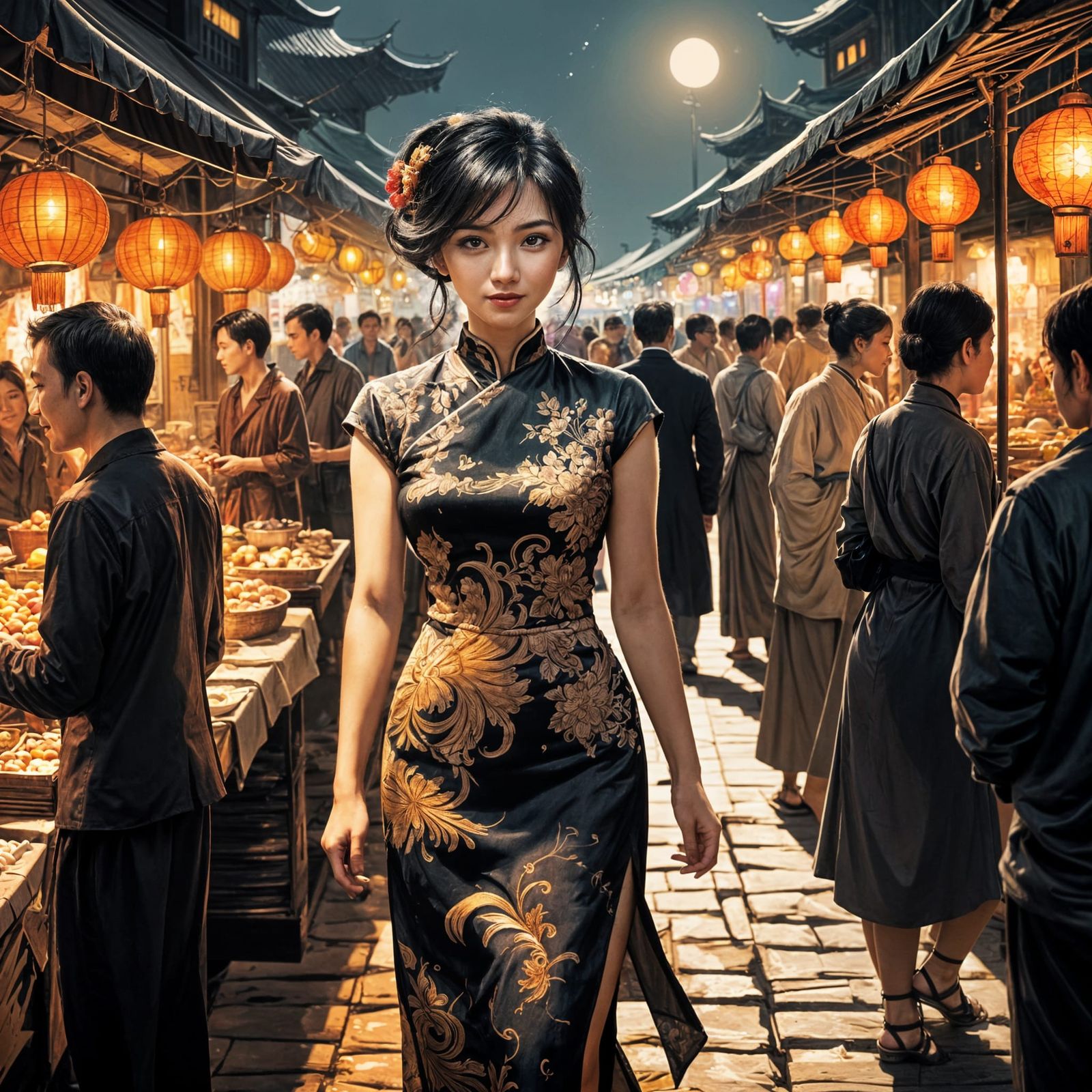 Whimsical Asian Night Market Scene in Sketchy Black Chalk Dr...