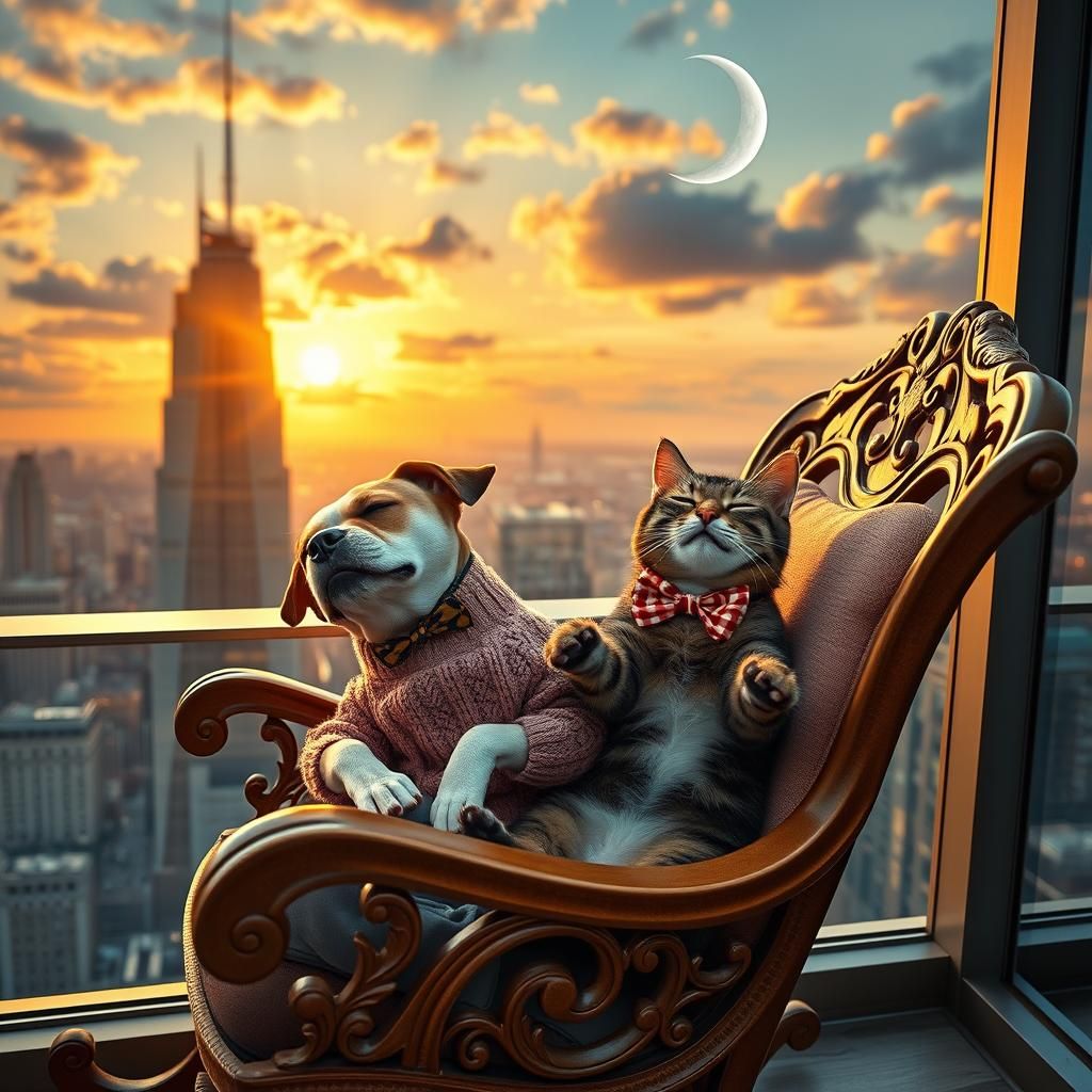 Dog and Cat Napping on Skyscraper Balcony